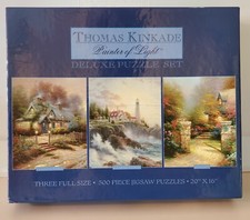 Thomas Kinkade Deluxe Puzzle Set. Three 500-Piece 20" x 16". Teacup Rosegate NEW
