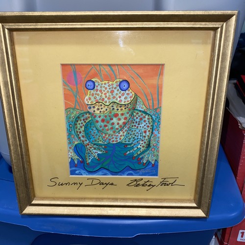 Betsey Fowler " Sunny Days " Frog Art Picture Signed Gold Framed Print 9"x9"