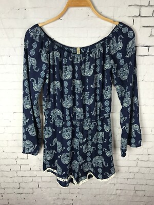 Jesse & J Romper Medium Women's Blue Cute Elephant Flowy Eastern Boho (AAB)