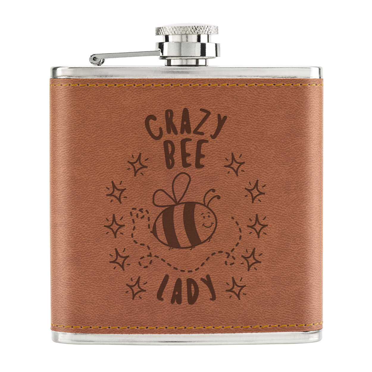 Crazy Bee Lady Stars 6oz PU Leather Hip Flask Tan Animal Mum Mothers Day Funny