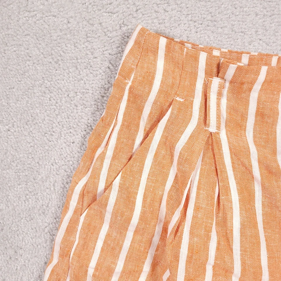 Forever 21 Linen Shorts Women's Size 24 Orange Ivory Striped Pockets Pleated Zip - Image 3 of 4
