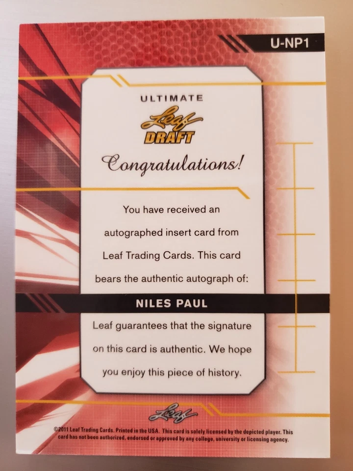 2011 ULTIMATE LEAF DRAFT NILES PAUL ON CARD AUTO #'D 5/49 BEAUTIFUL  THICK CARD  - Image 2 of 2