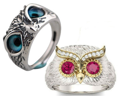 Ring Eule blau rot Uhu funkelnde Augen, silbern, Retro, Gothic, Gotik