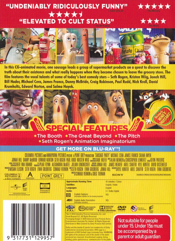 SAUSAGE PARTY Seth Rogen / Kristen Wiig  DVD R 2-4-5  - PAL  NEW   SirH70 - Image 2 of 2