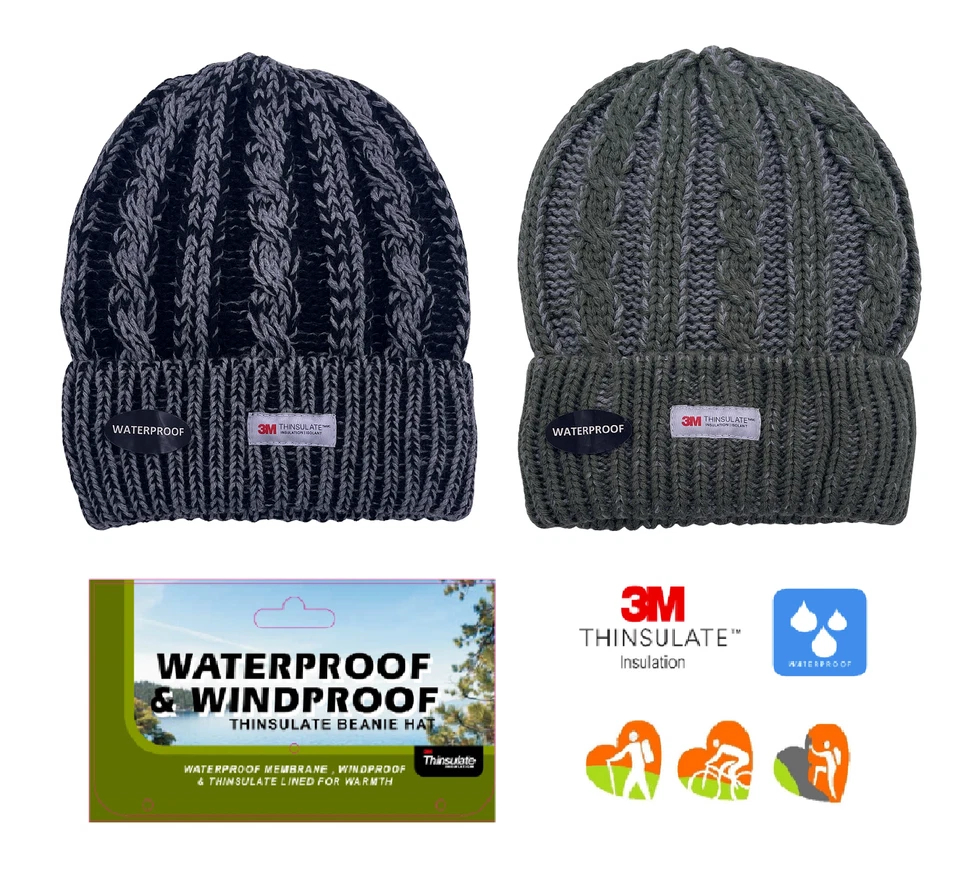 Mens 3M Thinsulate Thermal Cable Knit Beanie Hat WATERPROOF WINDPROOF Warm