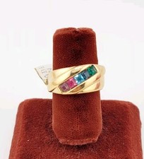 Vtg Sz 5 Ring Multi-Color Square Rhinestones 18KGE Gold Electroplated Jewelry