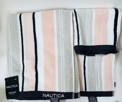 NAUTICA AGONDA 3 PC SET PINK,GRAY,BLUE NAVY STRIPES BATH+HAND TOWEL+WASH CLOTHES - Picture 1 of 8