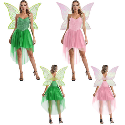 DE Damen Blumenfee Cosplay Feenkostüm Pailletten Waldelfe Kleid Outfit Halloween