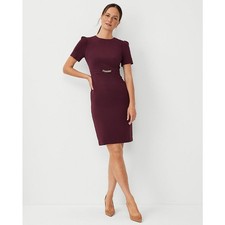 NWT Ann Taylor Maroon Purple Knee Length Sheath Dress Gold Chain Belt Women's 14