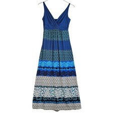 Soma Womens Sleeveless Maxi Dress Blue Multicolor Border Print Stretch Jersey XS