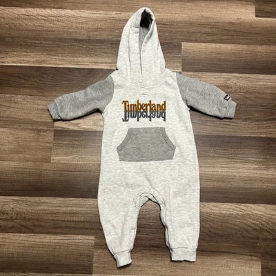 Timberland Baby Hooded Romper 3-6M Grey Fleece Snap One Piece Logo Classic Gift