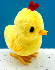 Small Fuzzy Yellow Chicken Mechanical Key Wind-up Fluffy Chick Toy Working 4.25"