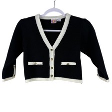 Vintage Kids Count Black White Trim Button Front Cardigan Sweater Girls M 5/6