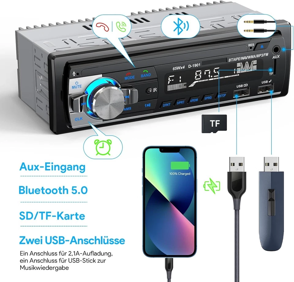 Autoradio Bluetooth 5.0 USB AUX SD FM 4x65W 1-DIN KFZ Radio - Bild 4 von 4