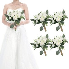 Set of 4 Bridesmaid Bouquets for Wedding - 7 Inch Artificial Ivory Flower Bou...