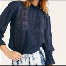 Free People Adore You Sheer Blue Lace Ruffled Button up Top Women's Size S Boho