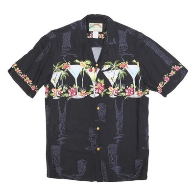 PARADISE FOUND Herren Schwarz Rayon Cocktail Print Hemd S Kurzarm Urlaub Party
