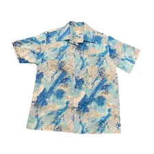 Vintage 70s Kole Kole Aloha Hawaiian Blue & White Shirt Large E3