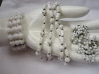 Vintage White Milk Glass Ribbed Bead Necklace Coil Bracelet Cluster Earring SET
