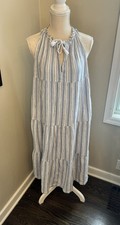 J.Crew Blue White Striped Cotton Tiered Midi Dress Pocket Large Boho Coastal
