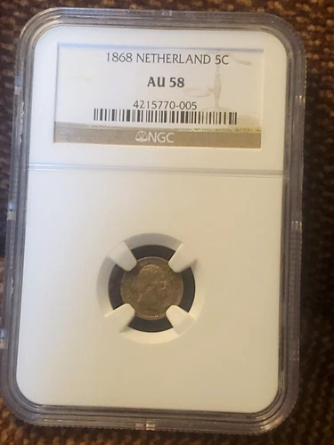 1868 NETHERLANDS 5 cents KM91 Semi-key date AU58 NGC LOOKS UNC RARE
