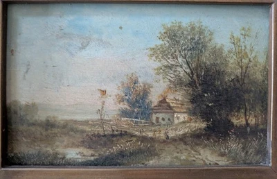 Kleines Antikes Ölgemälde Romantische Landschaft Mit Gehöft - Bild 1 von 4
