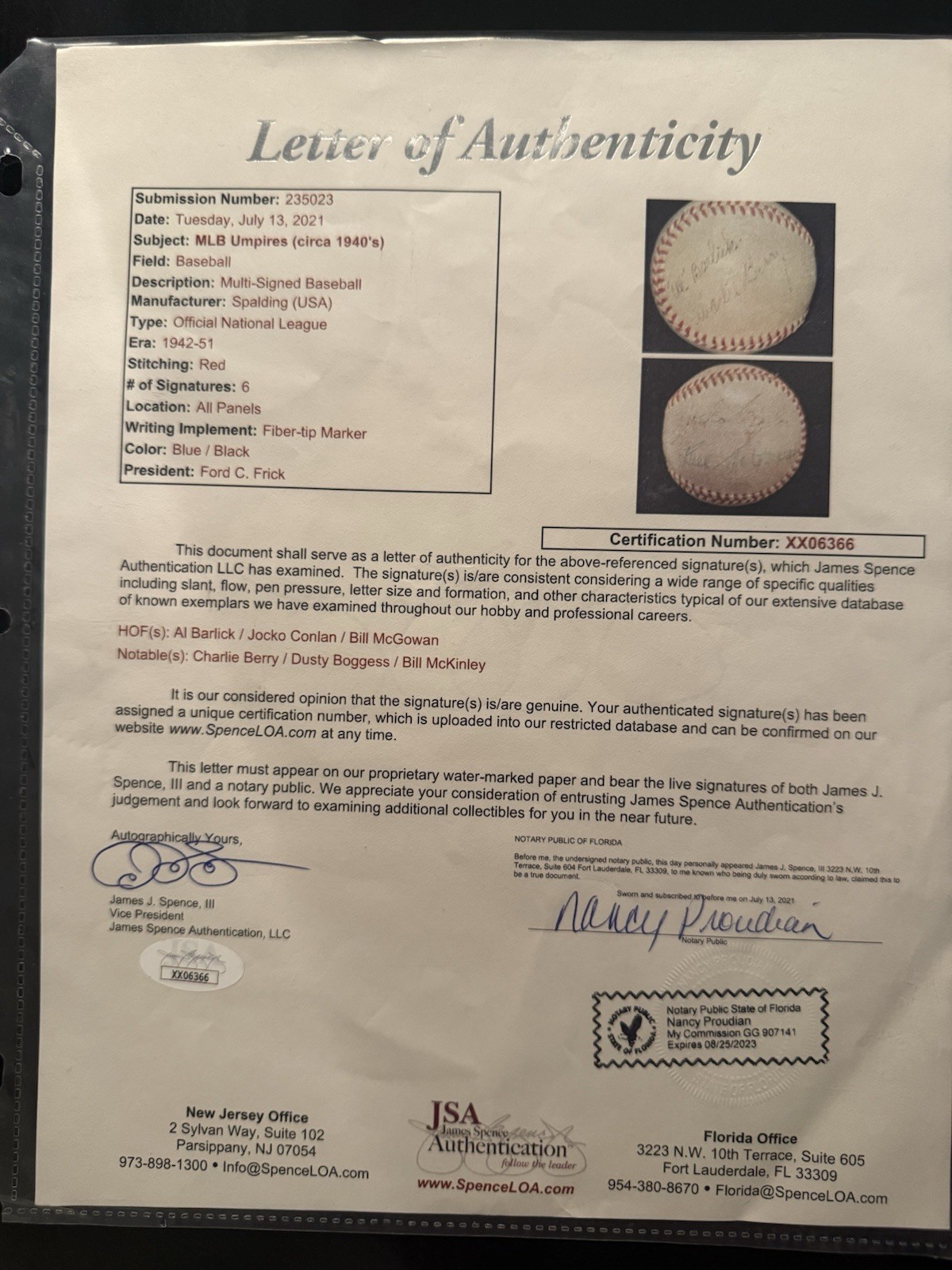 Bill McGowan 1940s Umpires Signed Baseball JSA LOA Jocko Conlan Al Barlick HOF - image 6