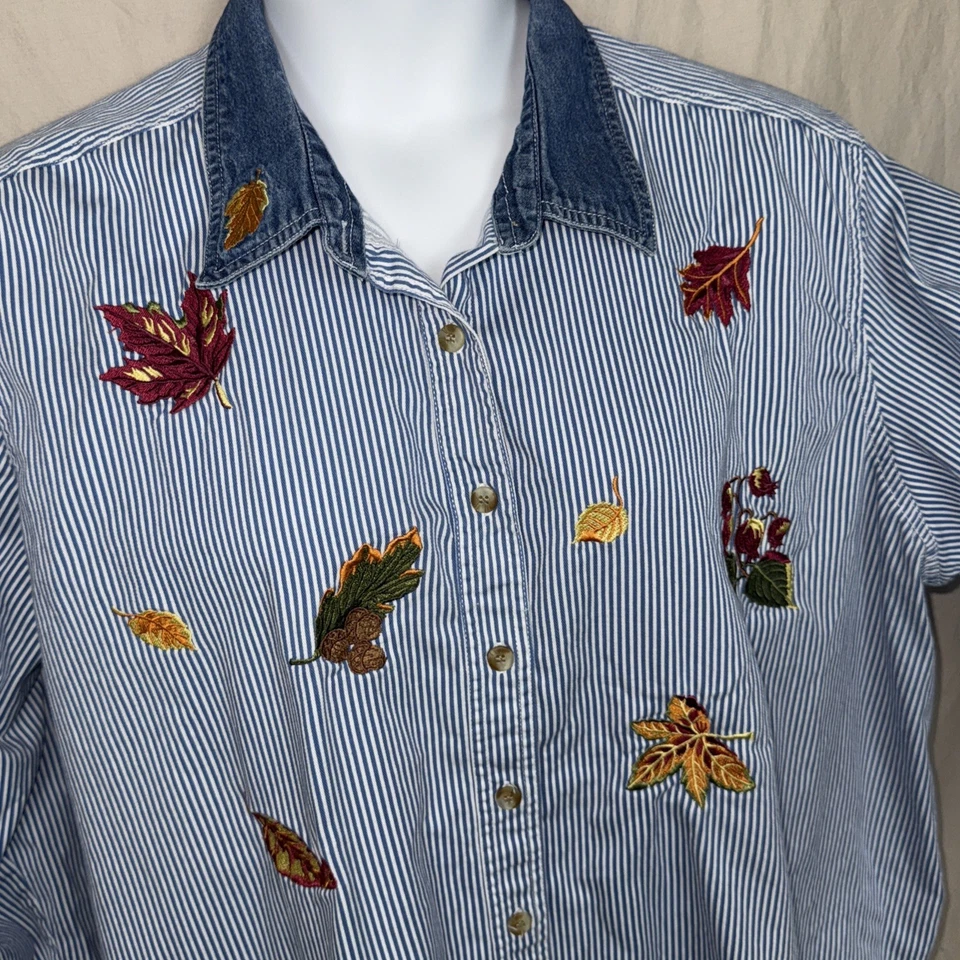 Camisa Denim Vintage Hojas de Otoño Bordada 22/24W 100% Algodón Solo Mi Talla Foto 2 de 4