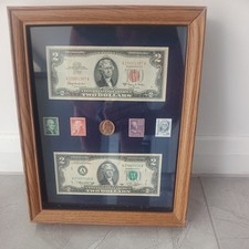 Thomas Jefferson 2 Dollar Schein x 2, Münzen und Briefmarken Sammlung gerahmt