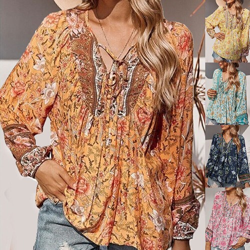 Women Floral Boho V Neck T-Shirt Tops Ladies Long Sleeve Casual Loose Blouse Tee
