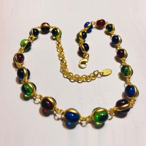 Rainbow Glass Vintage Style Long Necklace Bezel Jelly Glass Cabochons - Picture 6 of 13