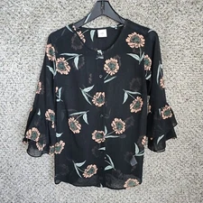 CAbi Top Womens XS Black Floral Print Sheer Blouse Bell Sleeve Style 5206 Ladies