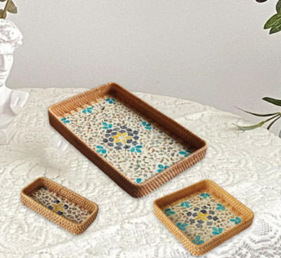 Neu 3 Stück Handgewebtes Rattan Serviertablett Deko Aufbewahrung Tablett