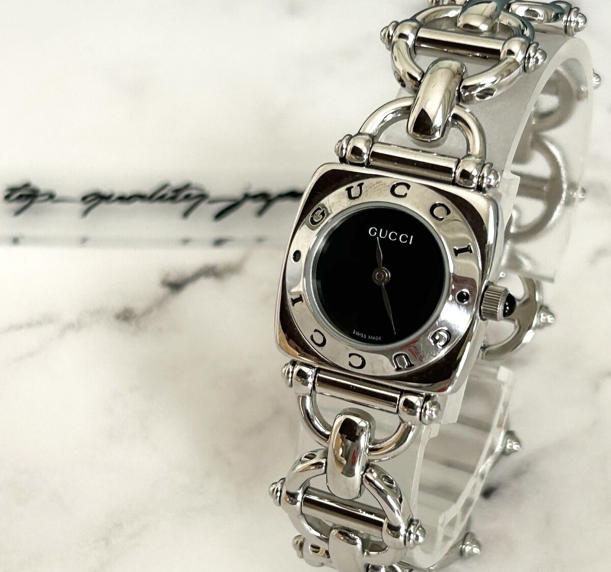 GUCCI 6400L Silver Plated Quartz Black Dial Women Watch Fast GUCCI 6400L Silver Plated Quartz Black Dial Women Watch Fast