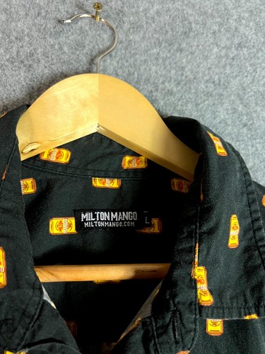 Milton Mango Shirt Mens Large Black All Over Print Logo Short Sleeve Button Up - Picture 3 of 8