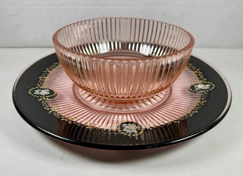 Vintage Pink Depression Glass Black Painted Rim Underplate w Center Bowl
