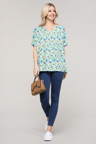 Women Casual Floral Top Blouse Shirt Short Sleeve V Neck Loose Fit Plus Regular - Picture 4 of 7