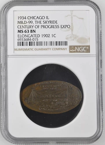 1933 Chicago Century of Progress Elongated Cent,, M&D-99, Skyride, NGC MS-63BN