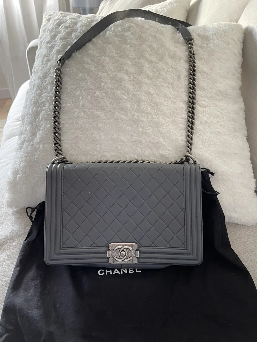 Authentic Chanel Boy Bag Quilted Lambskin Gray Ruthenium Hardware New Medium