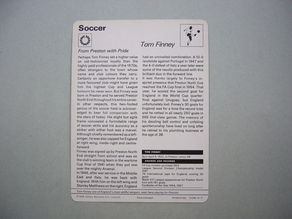 1977/79 SPORTSCASTER ФУТБОЛ ФОТО ТОМ ФИННИ ПРЕСТОН NORTH END FC - Изображение 2 из 2