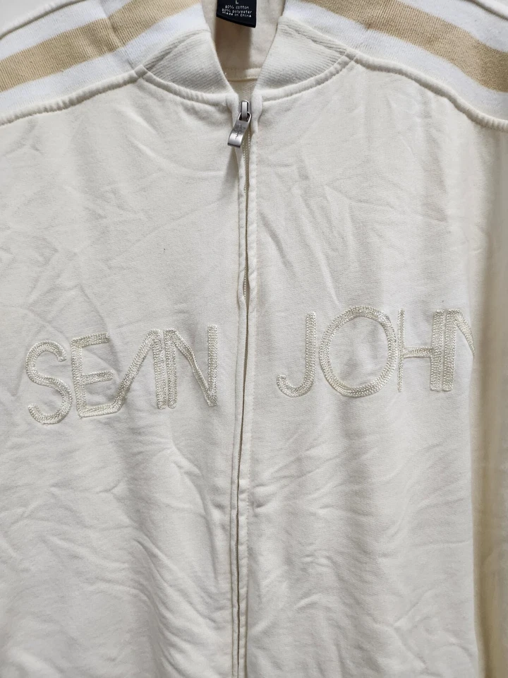 Chaqueta De Colección Y2K Sean John Para Hombres Logotipo Hechizo Grande Crema Cremallera Completa Ropa de Calle Foto 3 de 4