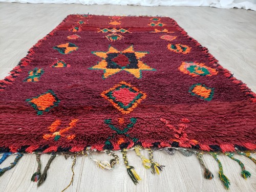Old Moroccan Handmade Vintage Rug Azilal Wool Runner Berber Dark Red Cotton Rug - Picture 4 of 11