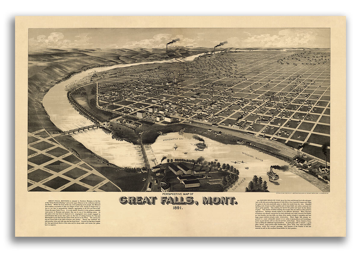 Great Falls Montana 1891 Historic Panoramic Town Map - 24x36