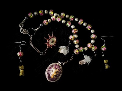Handcrafted Necklace, Earring Set- Upcycled Vintage Beads, Animal Bones, Quartz