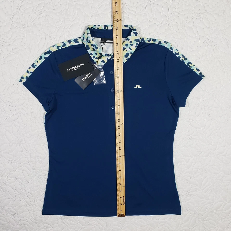 NUEVO CON ETIQUETAS J.Lindeberg Cara Polo Mujer L Estate Azul Leopardo Contraste Golf Rendimiento Foto 4 de 4