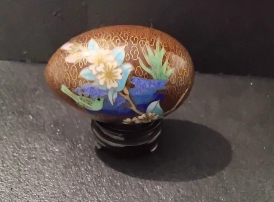 Oeuf chinois décoratif email cloisonné motif floral H sur socle 8,5 cm (C3) - Photo 4/4