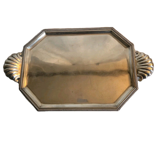 03L3 GRAND ANCIEN PLATEAU DE SERVICE EN METAL ARGENTE DECOR COQUILLES ET GODRONS - Photo 2 sur 12