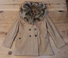 Preston & York Womens 16 Wool Blend Coat Tan Double Breasted Faux Fur Collar 