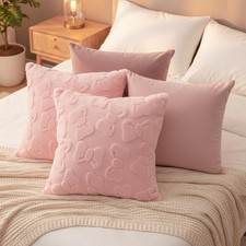 4 Pack Pink Bow Throw Pillow Covers 18 x 18 in Cute Velvet Bow Embroidered Cu...