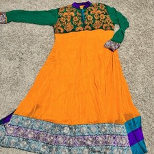 Blue Green Orange Embroidered Indian Anarkali Dress Handmade Thick